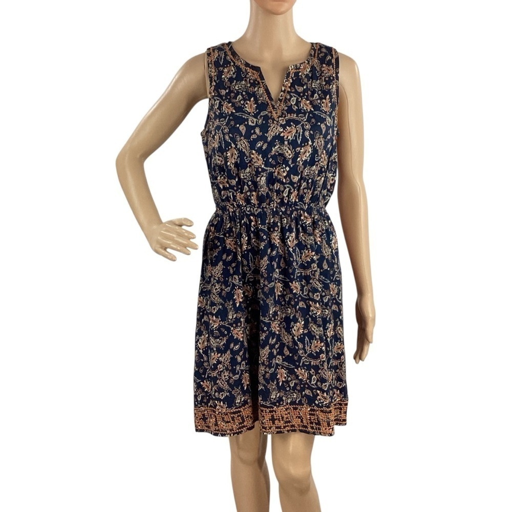 Market & Spruce Boho Floral Print Sleeveless Mini Dress Navy Border Hem Size S
